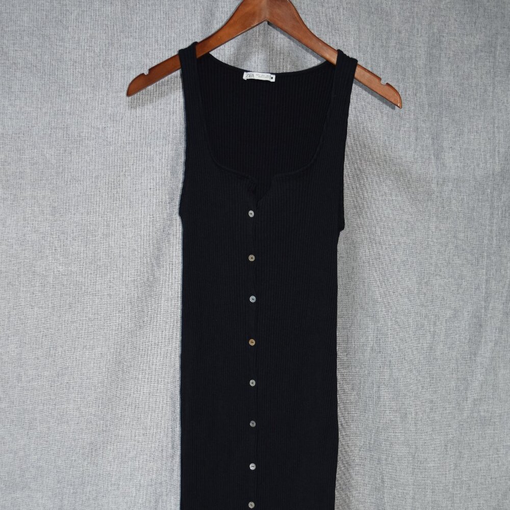 ZARA Black Ribbed Knit Button-Front Midi Dress